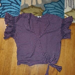Madewell Blue And Pink Checkered Ruffled Tie-Front Blouse